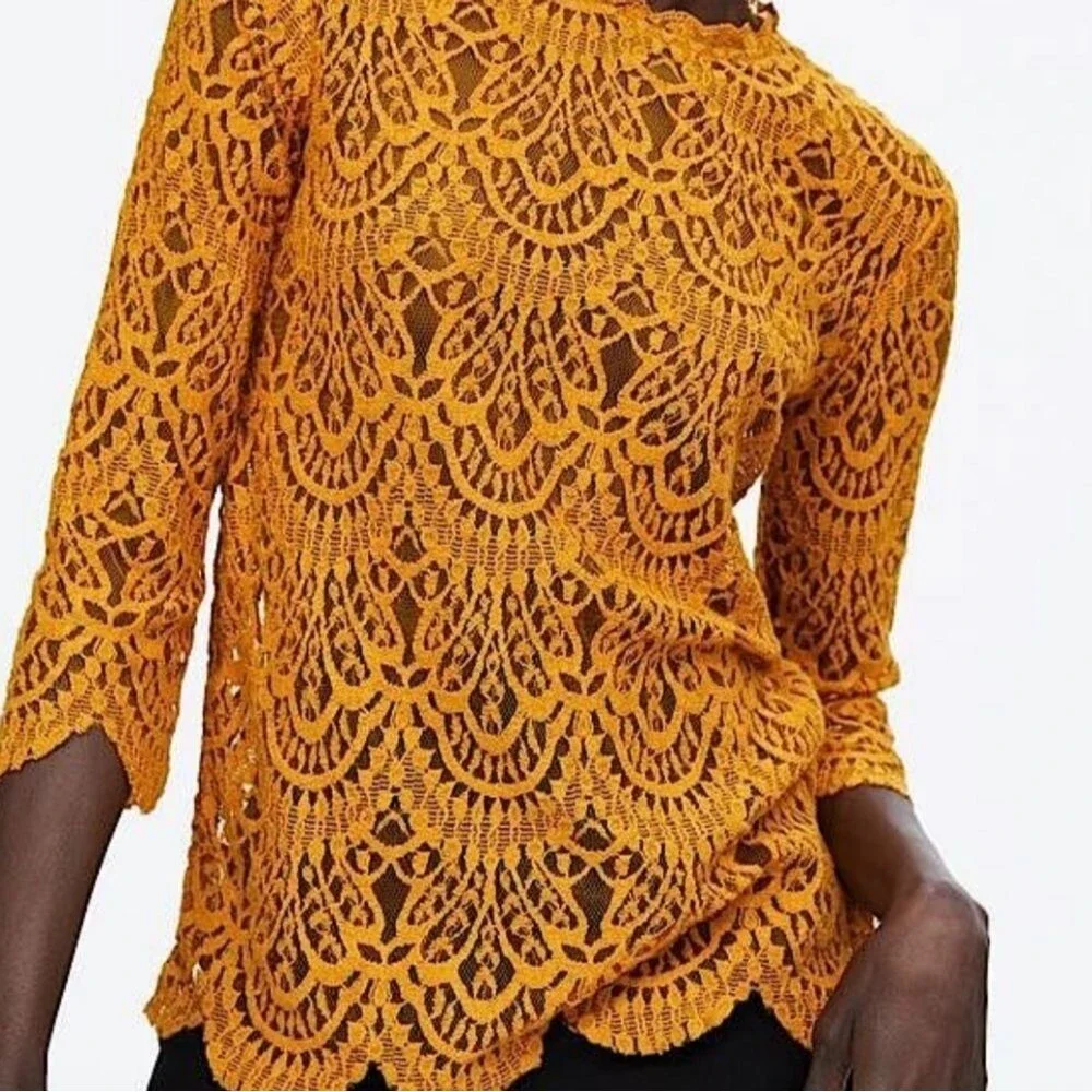 Zara Mustard Yellow Vintage Style Sheer Lace Blouse Size L